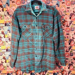Vintage Dickies Teal Black Plaid Heavy Flannel Shirt Jacket L Faded Workwear